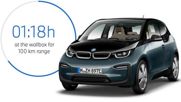 BMW i3 I01 Blue Ridge Mountain metallic with Frozen Grey metallic highlight three-quarter front view