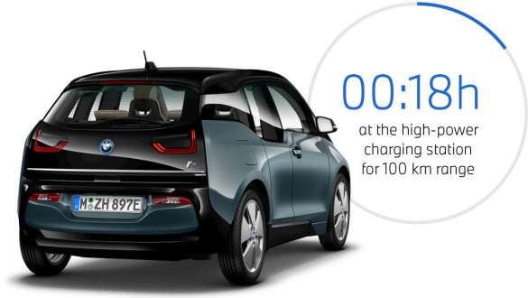 BMW i3 I01 Blue Ridge Mountain metallic with Frozen Grey metallic highlight three-quarter rear view