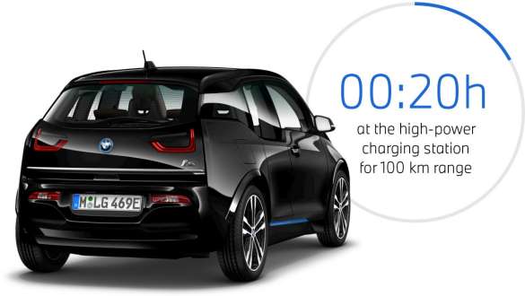 BMW i3s I01 Fluid Black with BMW i Blue highlight three-quarter rear view