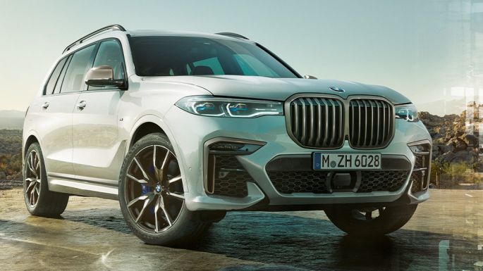 BMW X7 M Automobile, three-qarter front view BMW X7 M Automobile in Mineral White, standing, three-qarter front view, G07, 2019