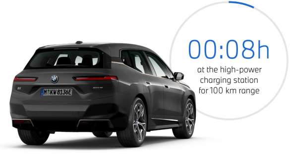 BMW iX i20 2021 electric SUV BMW iX xDrive40 Sophisto Grey three-quarter rear view with charging time graphic
