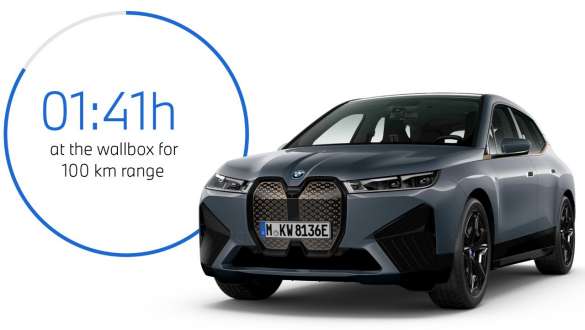 BMW iX M60 i20 2022 electric SUV BMW Individual Storm Bay metallic three-quarter front view with charging time graphic