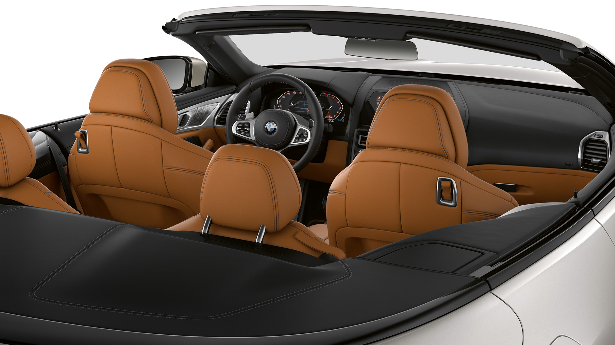 BMW M850i xDrive, interior with soft top open. BMW M850i xDrive, interior with soft top open.