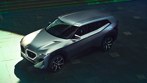 BMW plug-in hybrid three-quarter front view bird's eye view